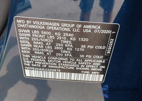 2020 Volkswagen Atlas Cross Sport 3.6L V6 Se W/Technology/3.6L V6 Se W/Technology R-Line from USA, damaged, VIN 1V2YE2CA2LC222819